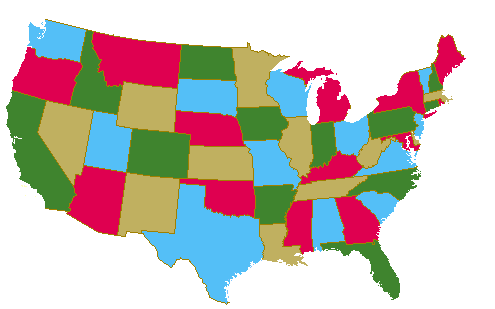 US Map colored with 4 colors